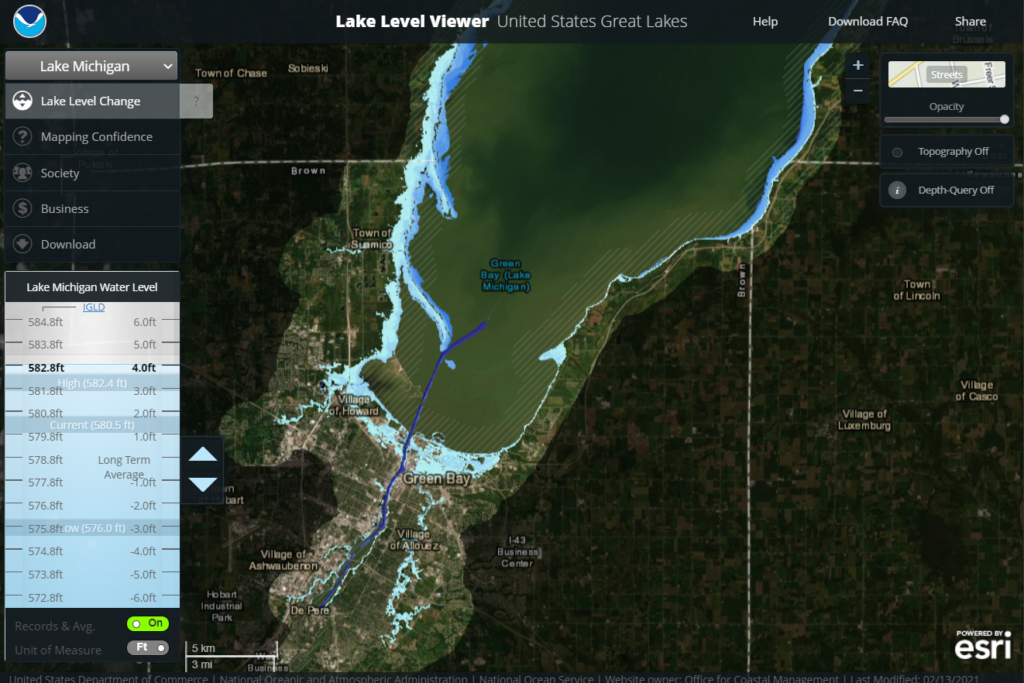The Green Bay area with lake level changes displayed on the map.