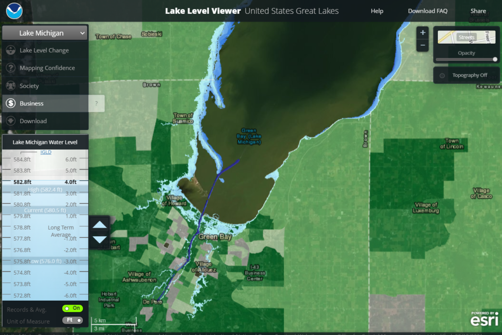 The Green Bay area with information about the number of employees in local businesses displayed.