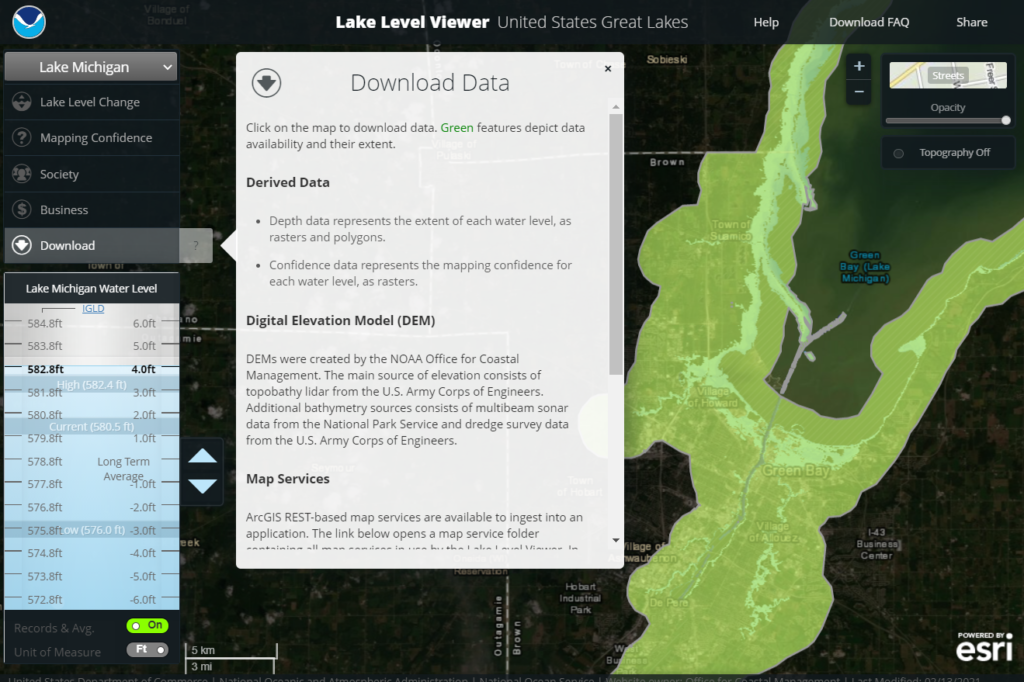 The Download Data popup shows instructions to download the data used by the Lake Level Viewer.