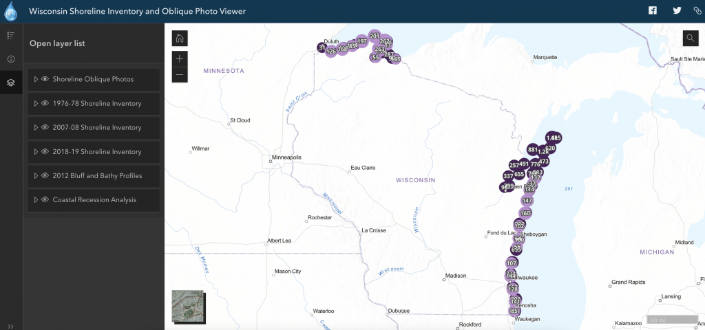 The Shoreline Inventory and Oblique Photo Viewer shows the state of Wisconsin with the locations of shoreline photos marked.