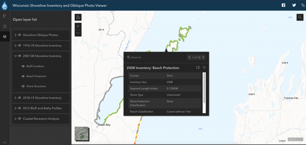 A close-up view of the Green Bay area with shoreline protection methods displayed on the map.