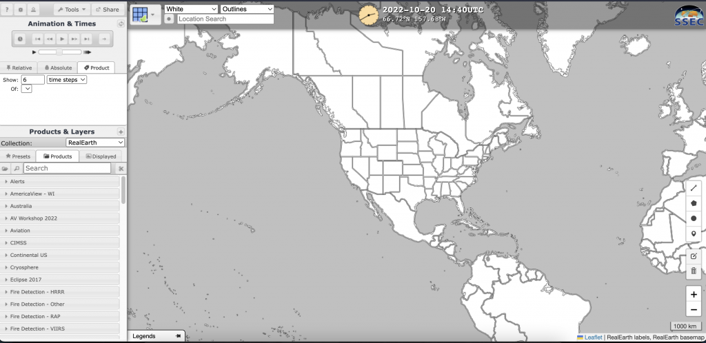 The starting page of RealEarth shows North America.