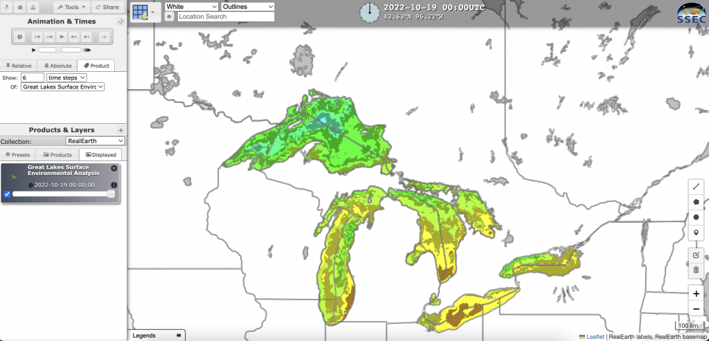 A map of surface temperatures in Lake Superior and Lake Michigan.