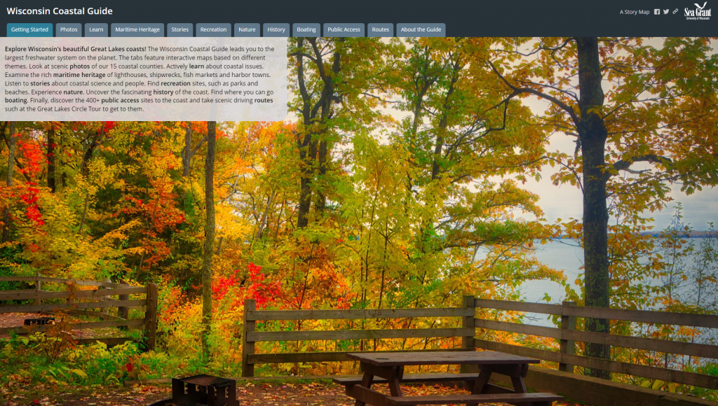 The home page of the Wisconsin Coastal Guide shows a coastal view with fall foliage.