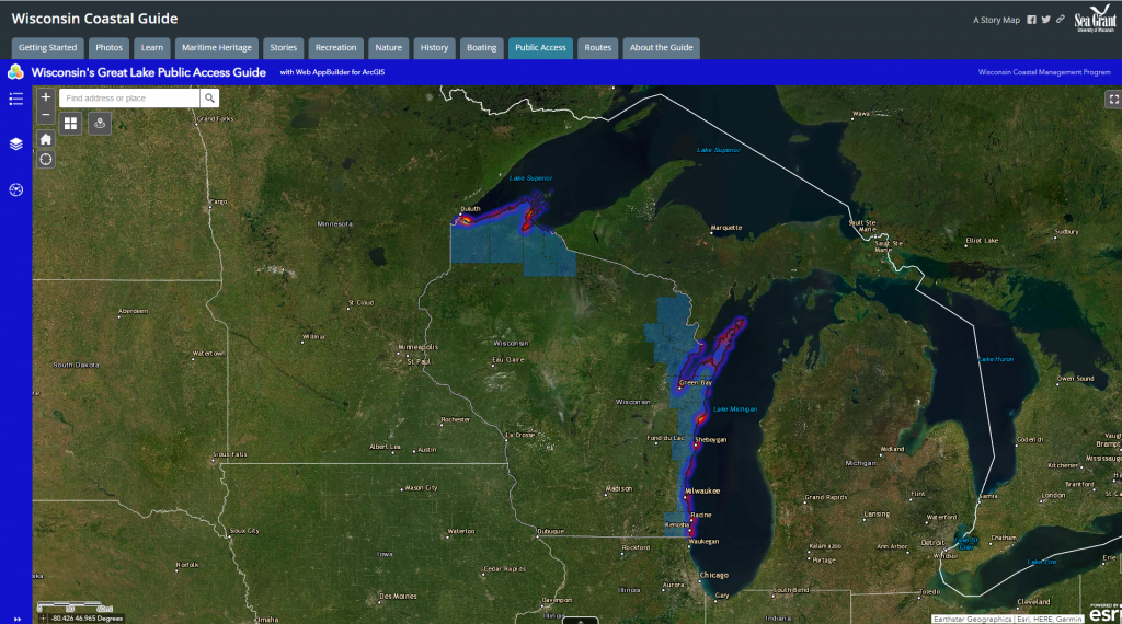The public access viewer map shows the state of Wisconsin with access points for public beaches marked.