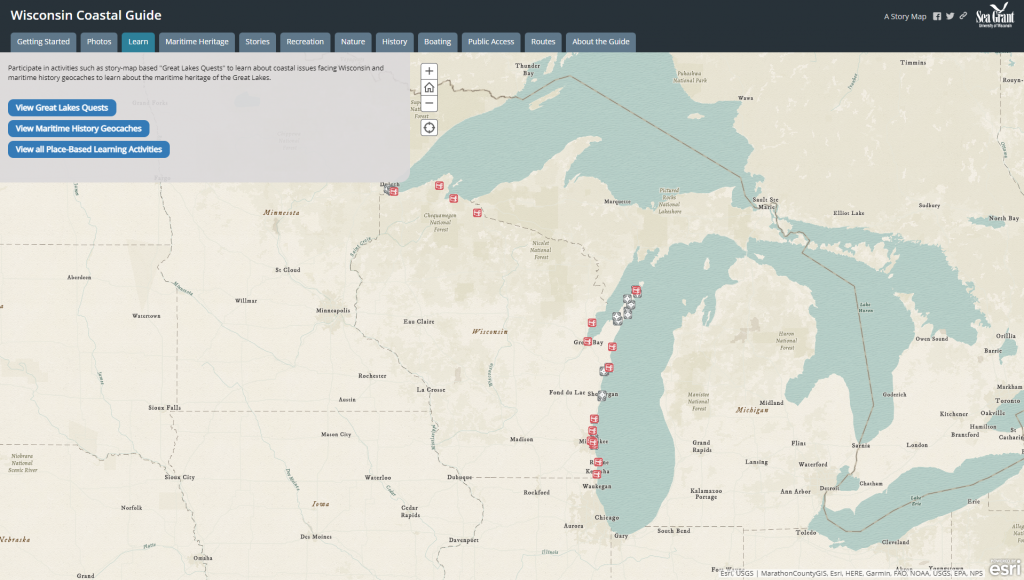 The Learn tab of the guide shows the state of Wisconsin with the locations of place-based learning activities marked.