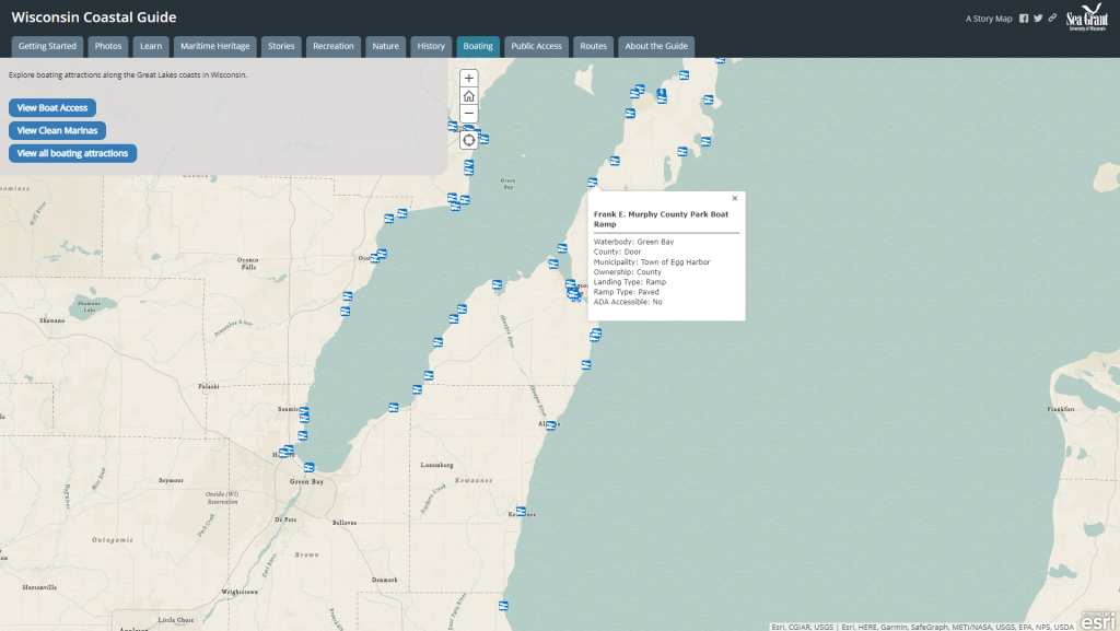 A close-up view of the Green Bay area with public beaches identified.