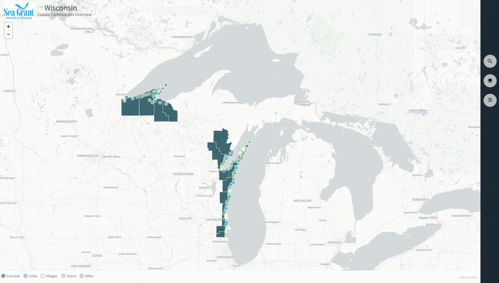 The Wisconsin Coastal Communities Overview tool shows the state of Wisconsin with all coastal counties highlighted.