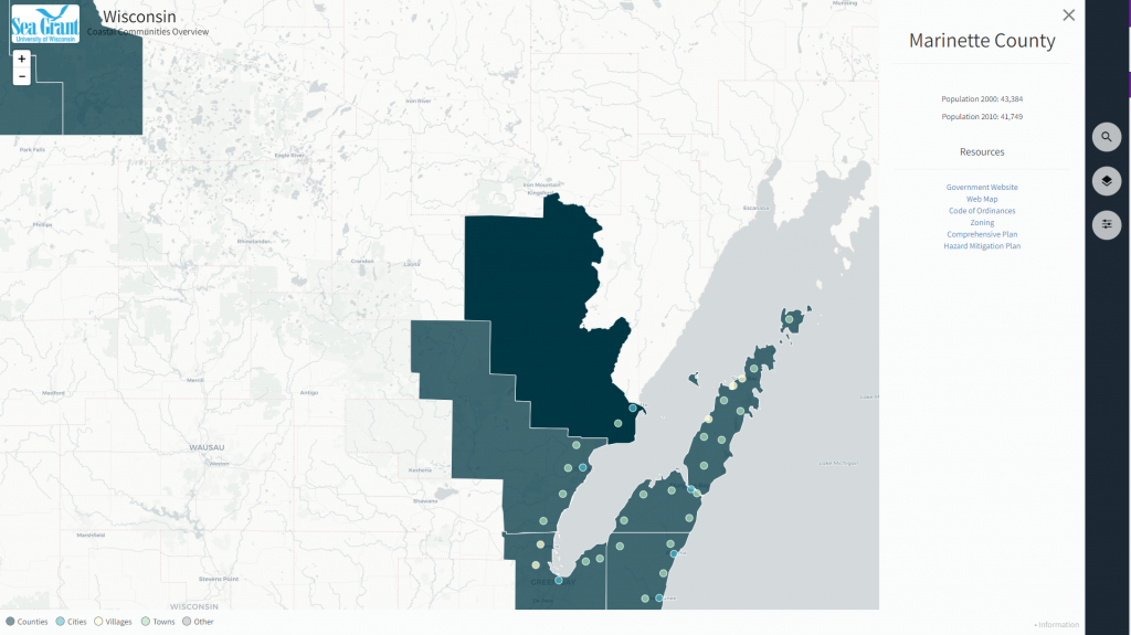 Panel with links to access Marinette County's web map, zoning, ordinances, and other resources.