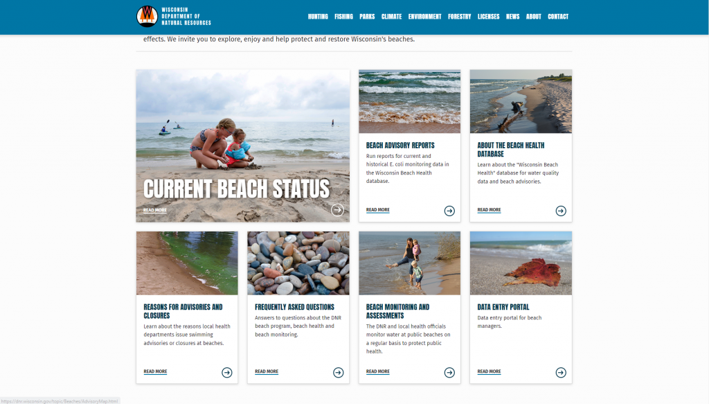 The resources available on the DNR beach page include beach advisories and the beach health database.
