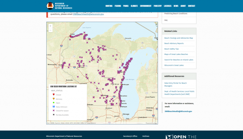 The state of Wisconsin with all beaches displayed on the map along with their current status.