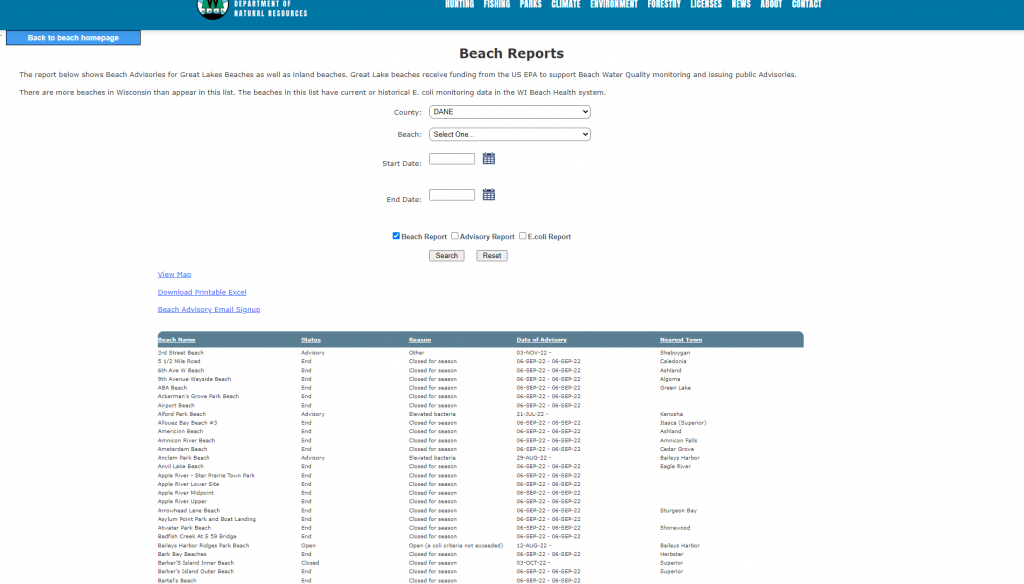 The beach health database with search fields to search for a particular beach.