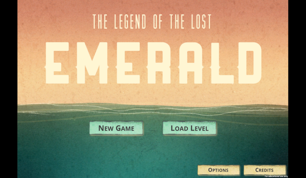 Beginning screen of the game, with the game's title and buttons to start a new game or load a level