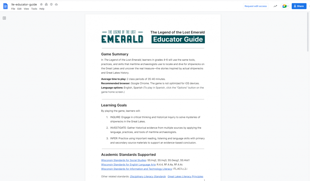 Teaching guide for the game, with text describing to teachers how to use the game in their classroom