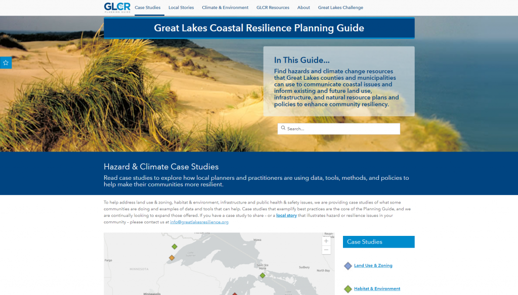 The home page of the Planning Guide's website, with an image of a sandy beach area and a map of the Great Lakes