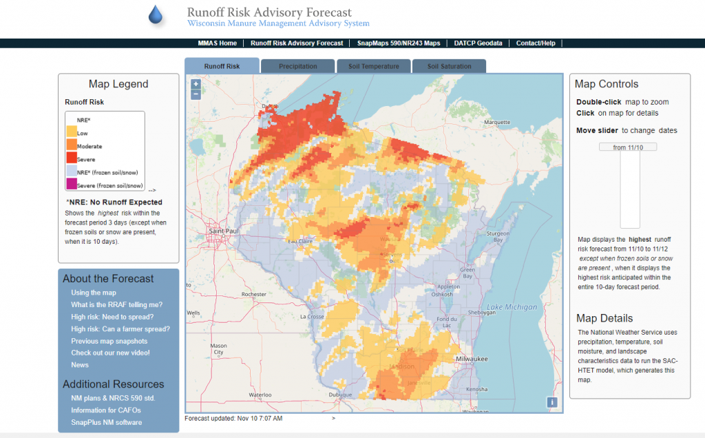 Map of Wisconsin displaying the current runoff risk.