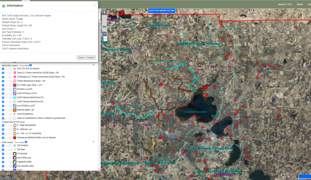 Zoomed in map of a portion of Wisconsin showing risk factors for spreading manure.