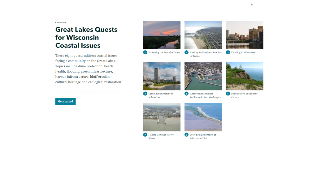 The homepage of the ArcGIS Story Map Collection with title cards for each coastal issue quest