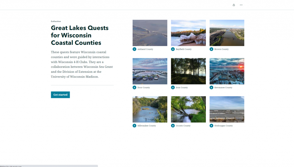 The homepage of the ArcGIS Story Map Collection with title cards for each coastal counties quest