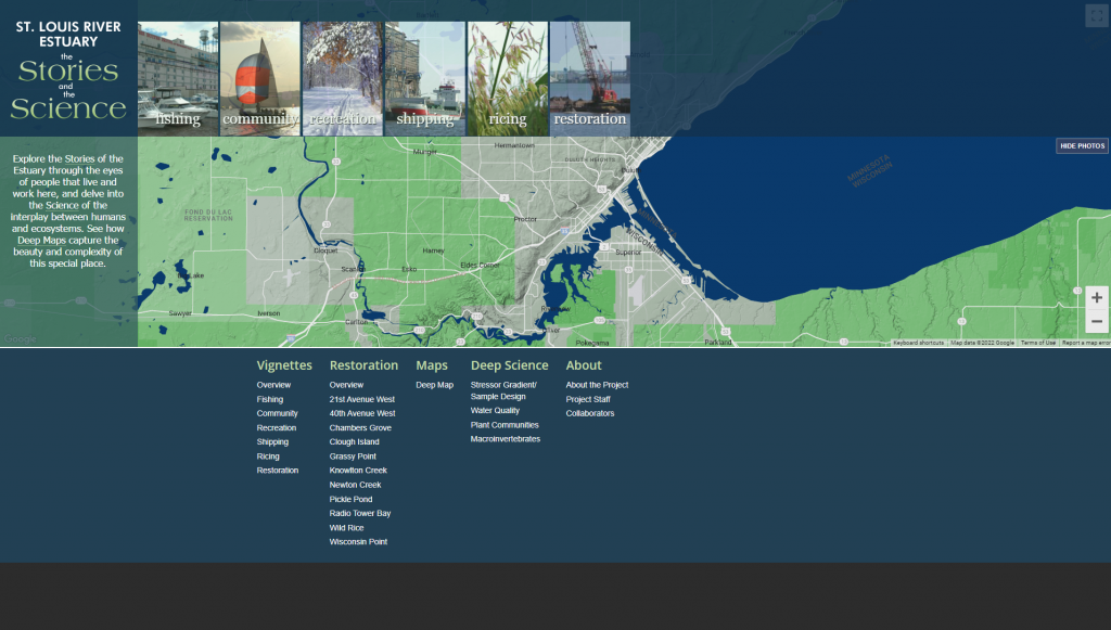 The home page of the website showing a map of the St Louis River