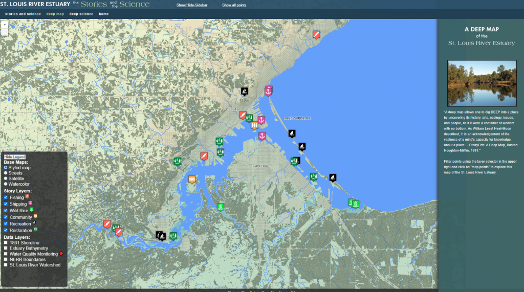 A close up of a map of the river with points of interest marked