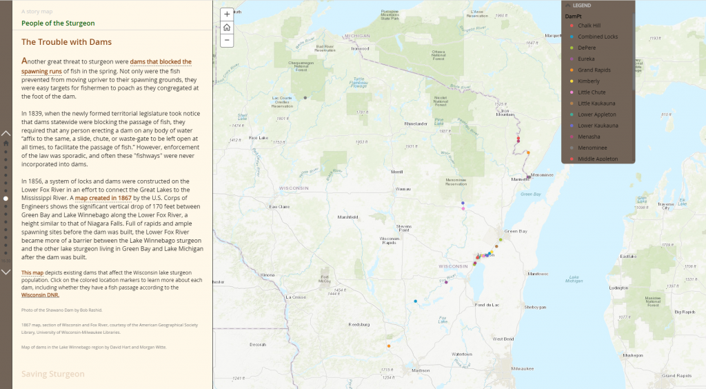 A map of Wisconsin showing the location of dams across the state