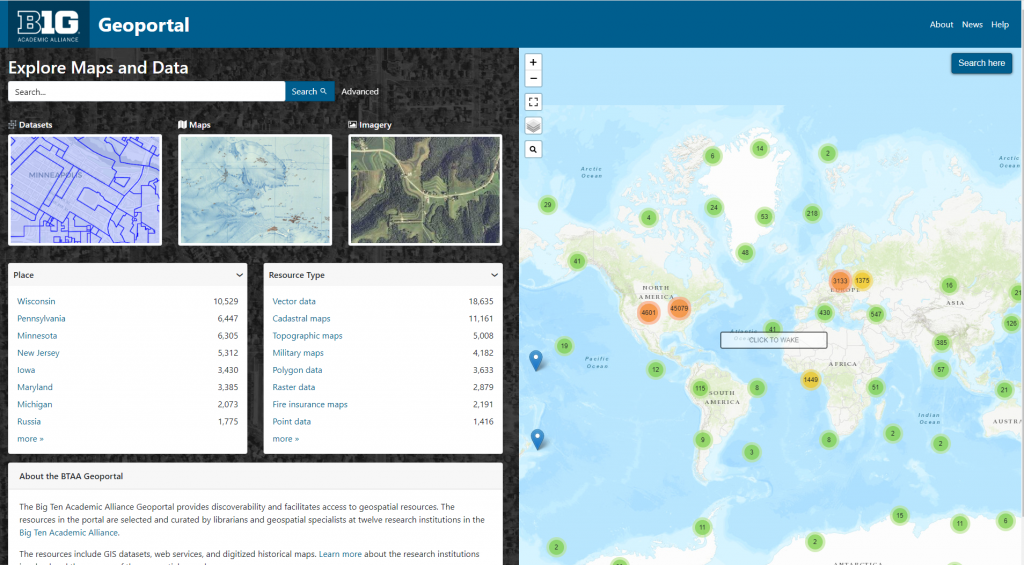 The home page of the data portal, showing a list of locations and types of data alongside a map of the United States.