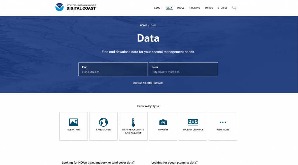 The home page of the data portal, showing a search bar to search for data and a list of categories for which data is available.