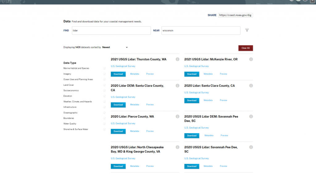 List of datasets available for Wisconsin LiDAR.