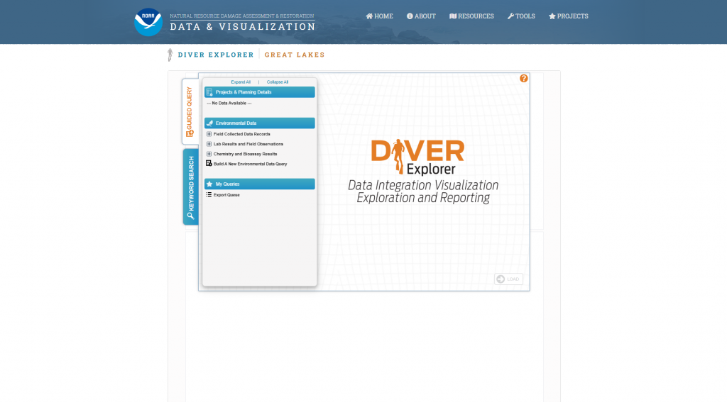 The home page of the Great Lakes data explorer, showing some key words that can be used to search for data