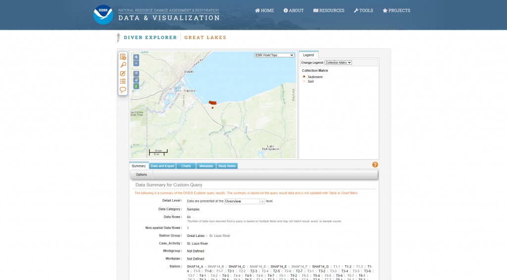 Results for a query for the Great Lakes, showing a map of Wisconsin with datapoints plotted