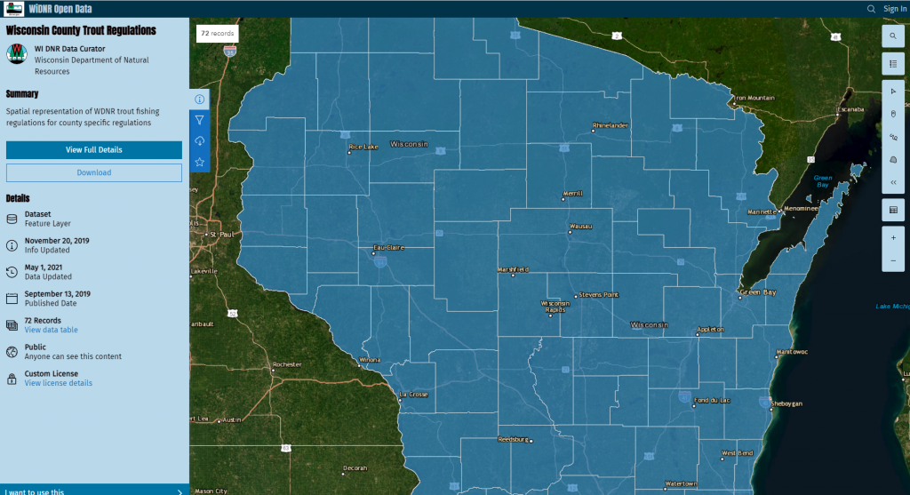 A map of Wisconsin showing areas where trout fishing is regulated.