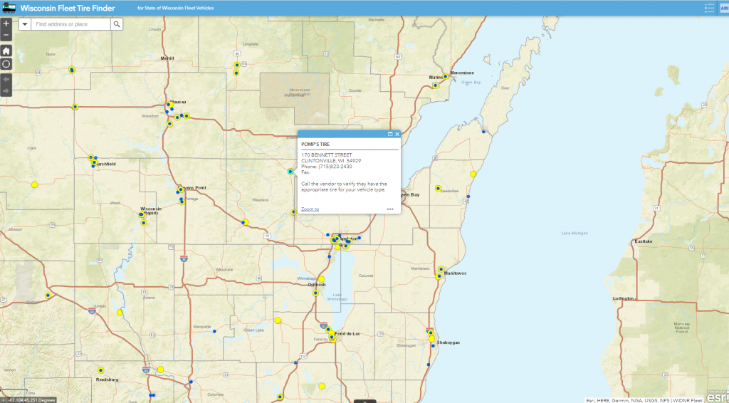 A map of Wisconsin showing areas to obtain tires for fleet vehicles.