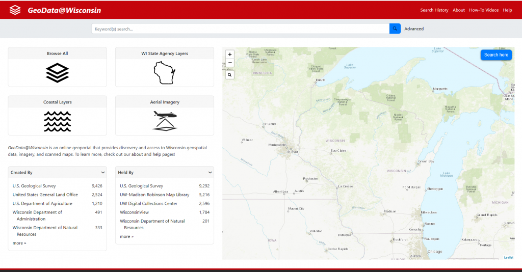 The home page of GeoData@Wisconsin, showing a map of Wisconsin and a list of the datatypes that are available.