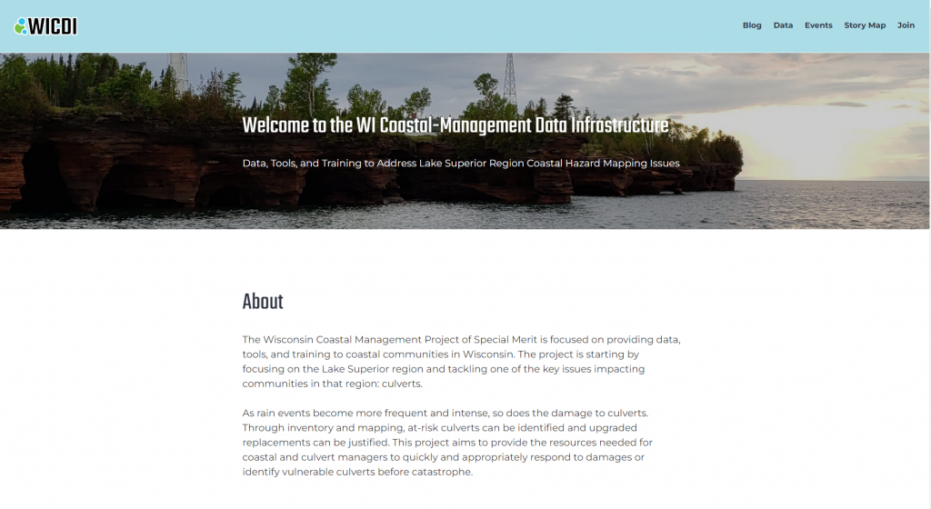 The home page of the WICDI site, with an image of a water body and text describing the purpose of the site