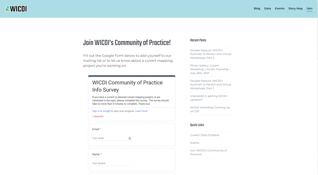 The form showing how to join WICDI's community of practice