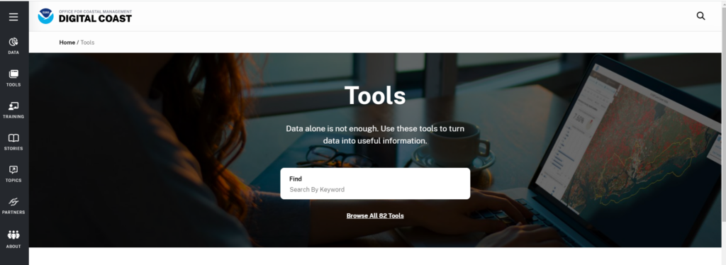 The home page of the Tools section of the Digital Coast, with the title Tools and a search bar to search for a tool.