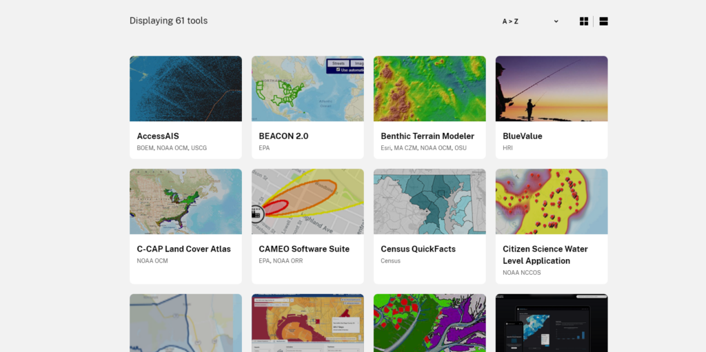 A list of tools that are housed in the Digital Coast, with an image and description for each tool