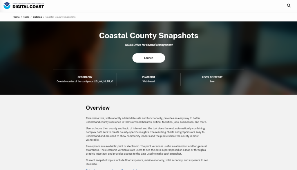 The summary text for the Coastal County Snapshots tool